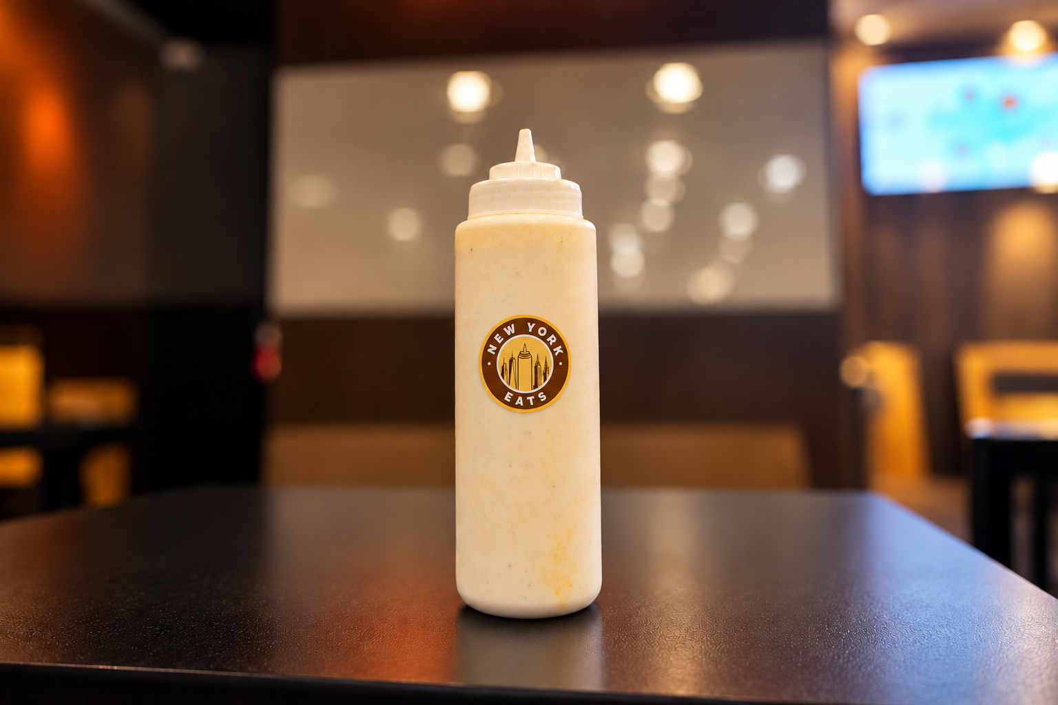 New York Eats White Sauce bottle with the updated skyline and sauce-bottle logo